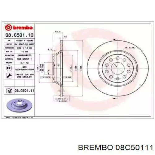 Disco de freno trasero 08C50111 Brembo