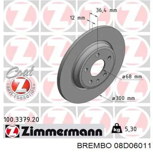 Disco de freno trasero 08D06011 Brembo