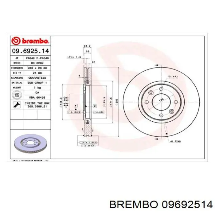 09.6925.14 Brembo freno de disco delantero