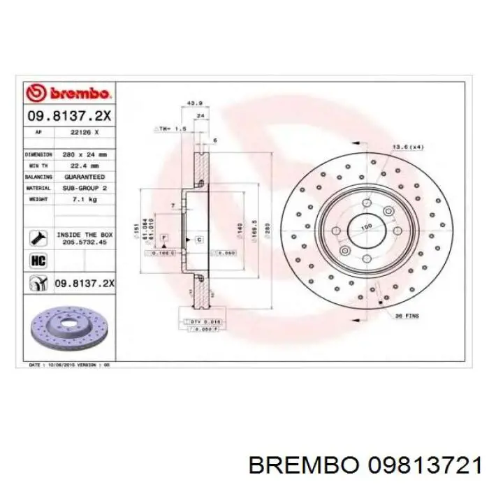 Comprar 09813721 Brembo Freno de disco delantero