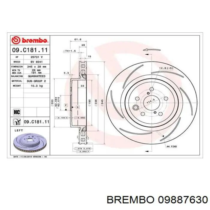 Disco de freno trasero 09887630 Brembo