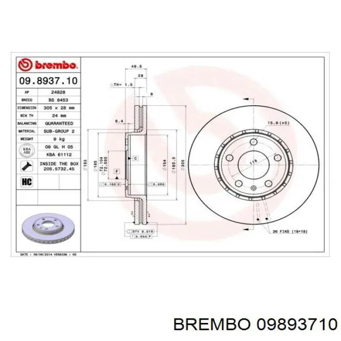 Freno de disco delantero Brembo 09893710 precio, desde 94,78 USD