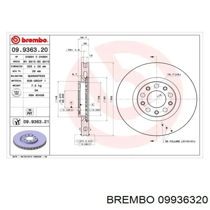 09936320 Brembo disco de freno delantero