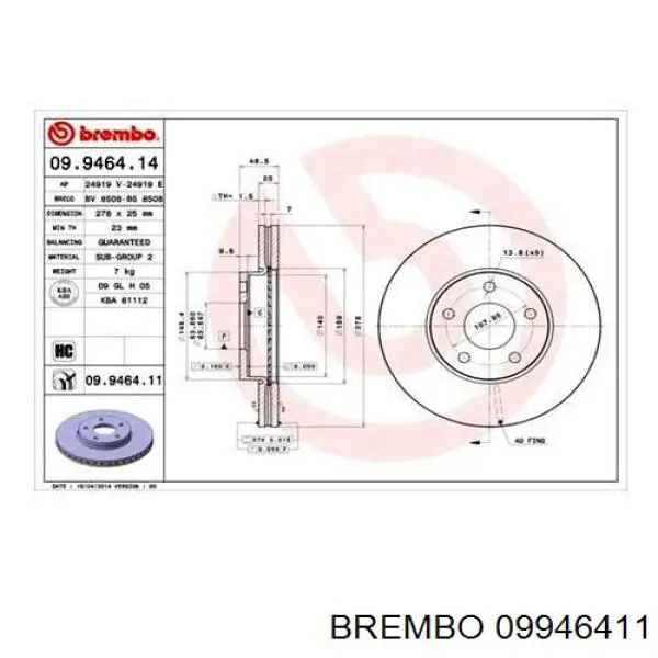 09.9464.11 Brembo freno de disco delantero