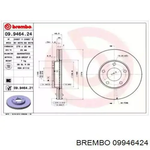 Disco de freno 09946424 Brembo