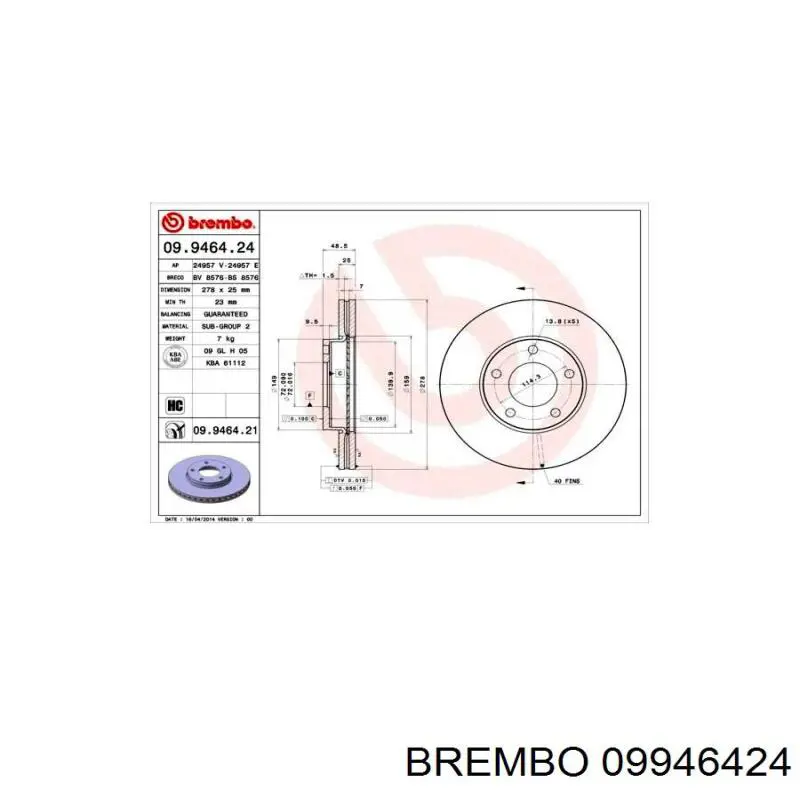 Frenos delanteros Brembo 09946424 precio, desde 40,85 EUR