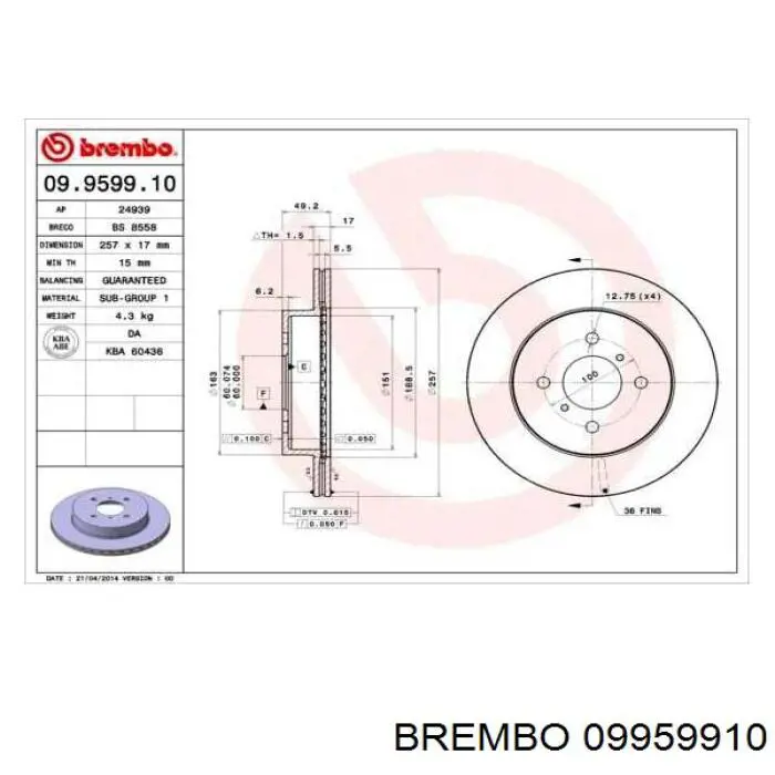 09.9599.10 Brembo freno de disco delantero