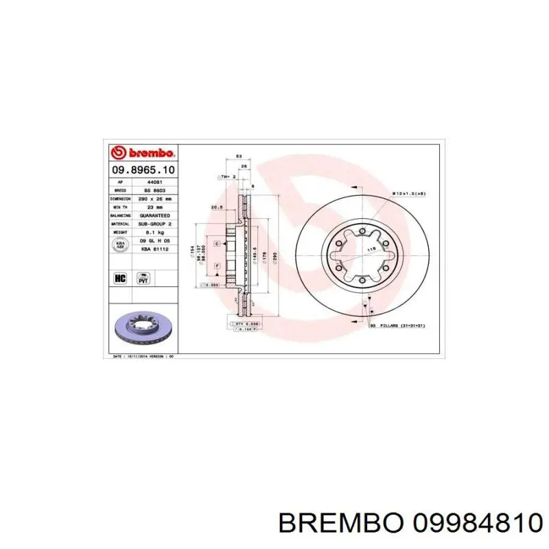 Disco de freno delantero Brembo 09984810
