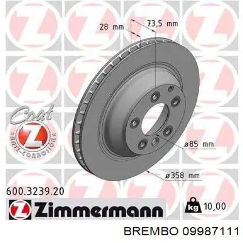 Disco de freno trasero Brembo 09987111 precio, desde 89,67 EUR