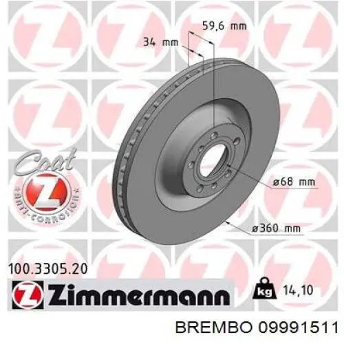 Disco de freno delantero Brembo 09991511