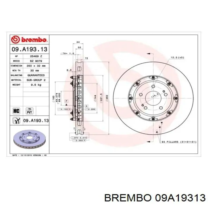 Disco de freno 09A19313 Brembo