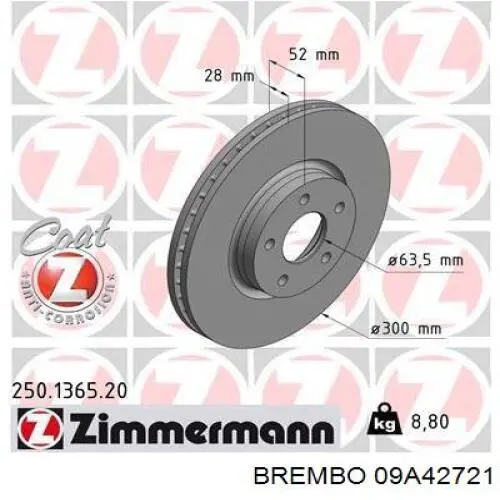 Disco de freno 09A42721 Brembo