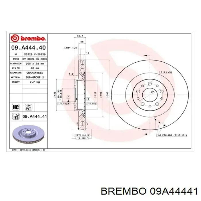 09.A444.41 Brembo disco de freno delantero