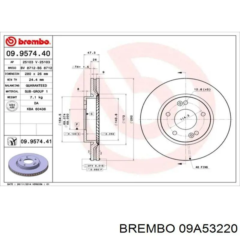 Disco de freno delantero Brembo 09A53220