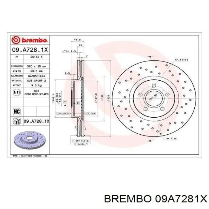 Disco de freno 09A7281X Brembo