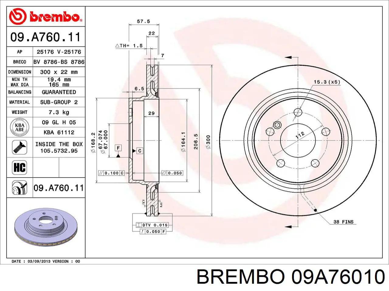 09A76010 Brembo disco de freno trasero