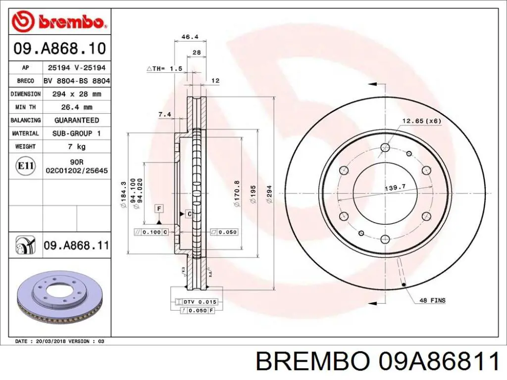 09.A868.11 Brembo freno de disco delantero