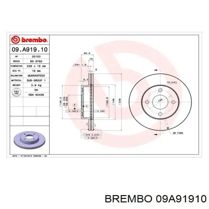 09.A919.10 Brembo freno de disco delantero