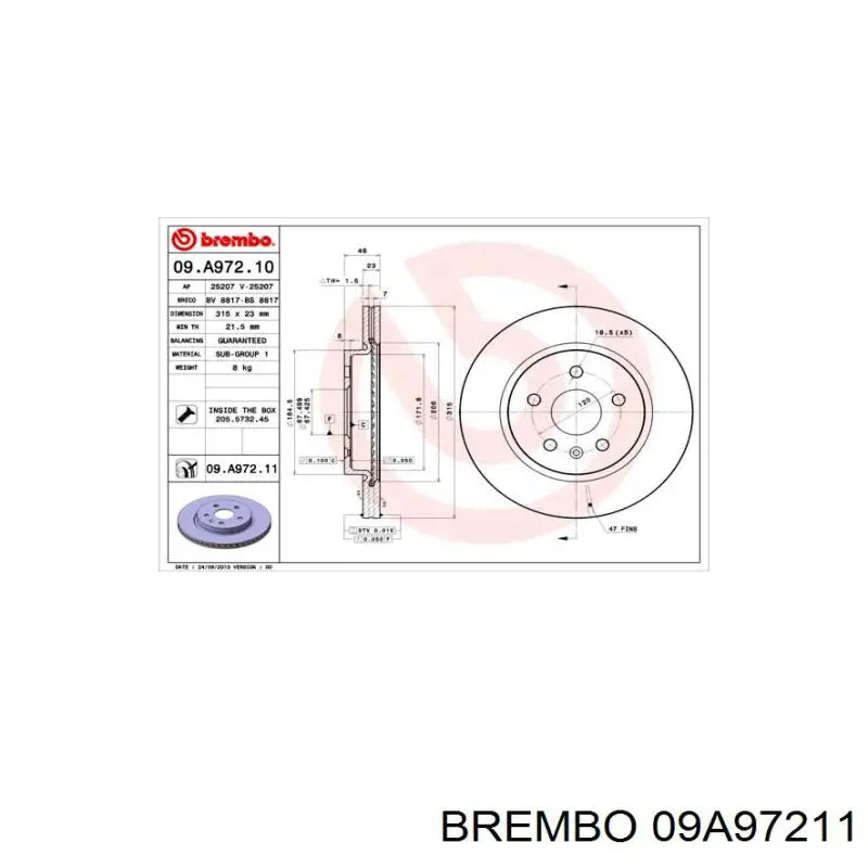 Disco de freno trasero 09A97211 Brembo