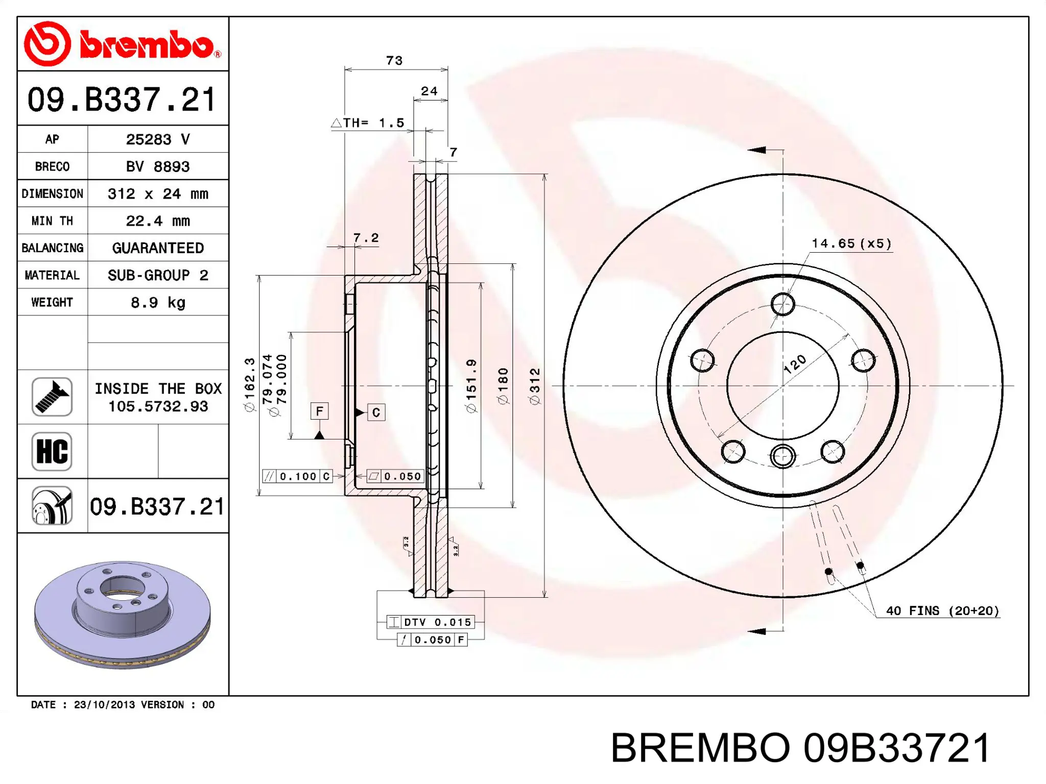 Comprar 09B33721 Brembo Freno de disco delantero