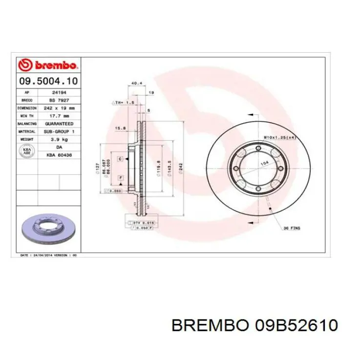 Comprar 09B52610 Brembo Freno de disco delantero