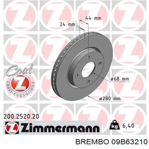 Disco de freno 09B63210 Brembo