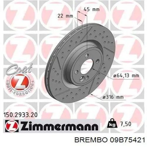 Disco de freno 09B75421 Brembo