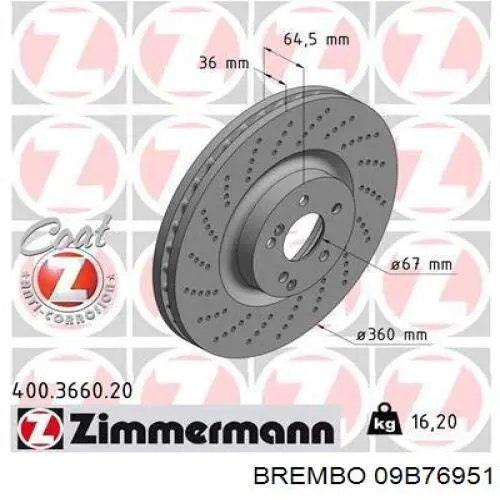 Comprar 09B76951 Brembo Freno de disco delantero