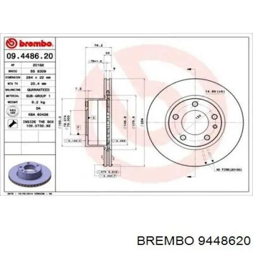 9448620 Brembo freno de disco delantero