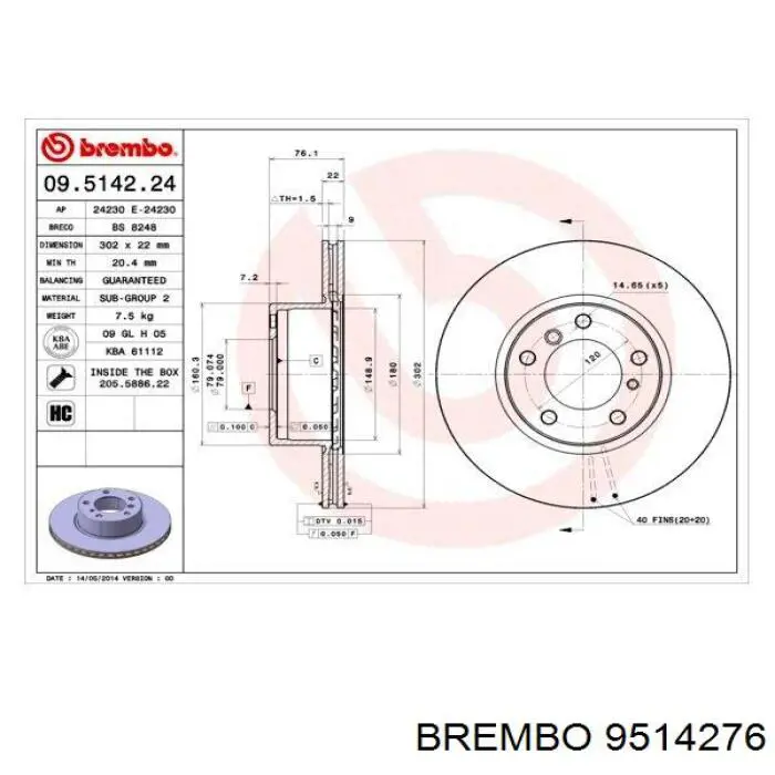 9514276 Brembo disco de freno delantero
