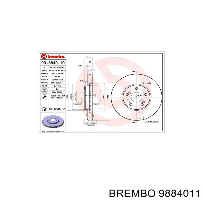 9884011 Brembo freno de disco delantero