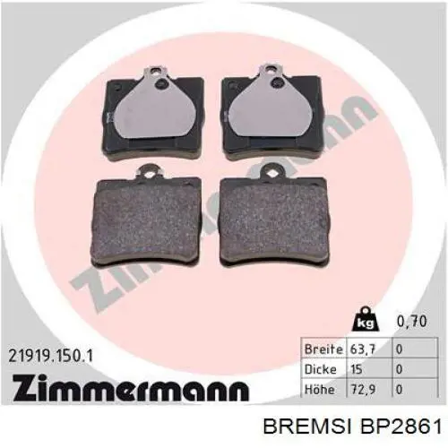 BP2861 Bremsi Pastillas freno traseras