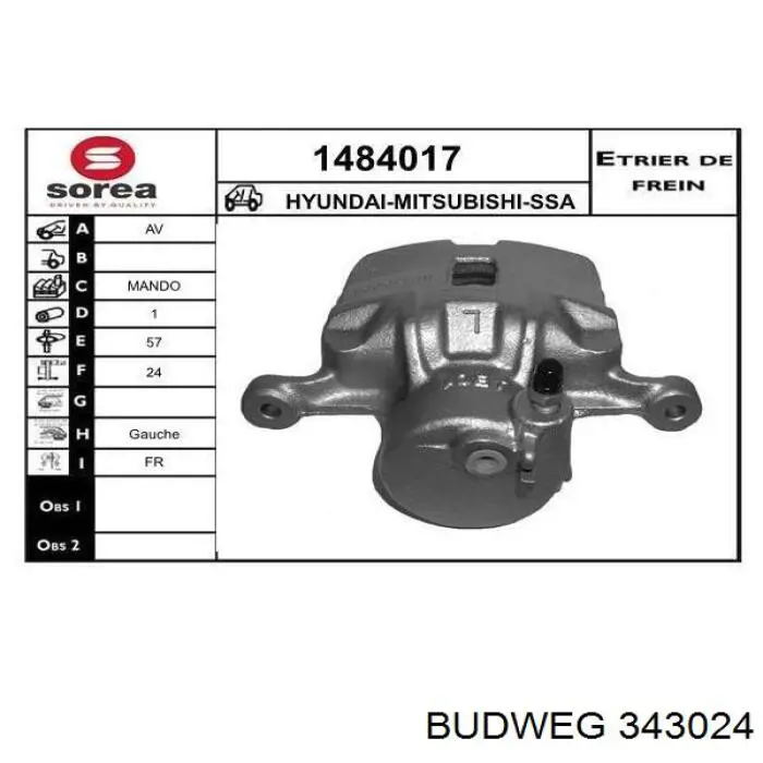 343024 Budweg pinza de freno delantera izquierda