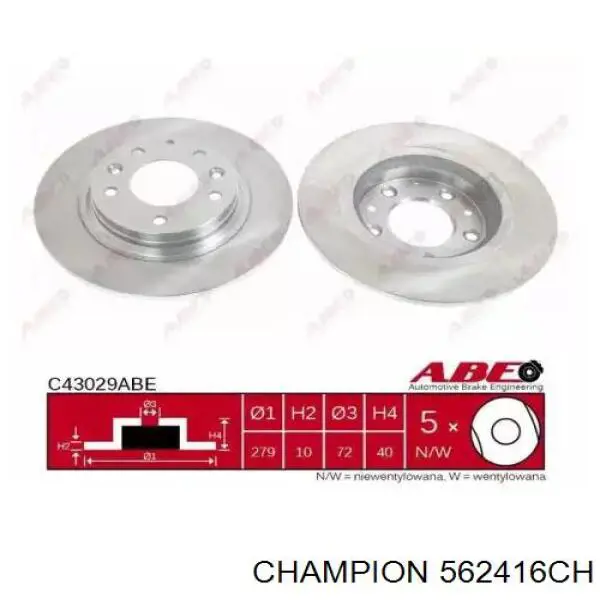 Disco de freno trasero 562416CH Champion