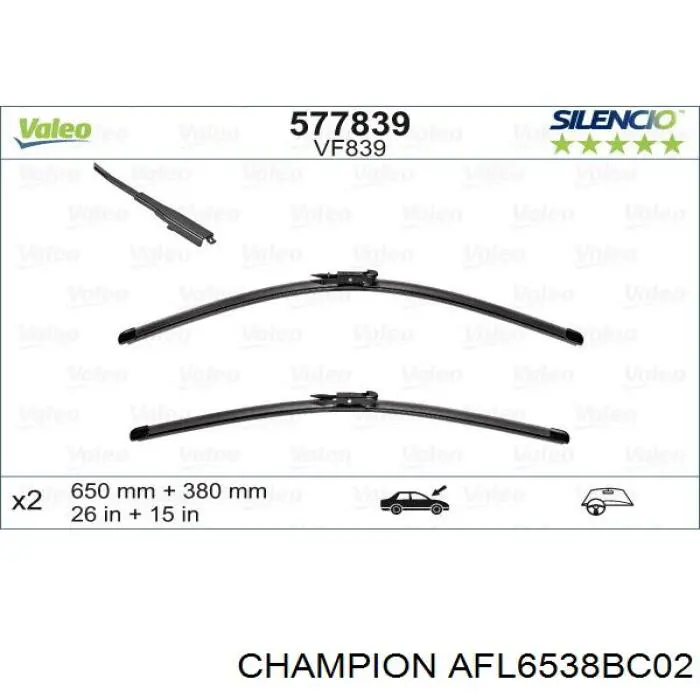 AFL6538BC02 Champion juego de limpiaparabrisas de luna delantera, 2 piezas