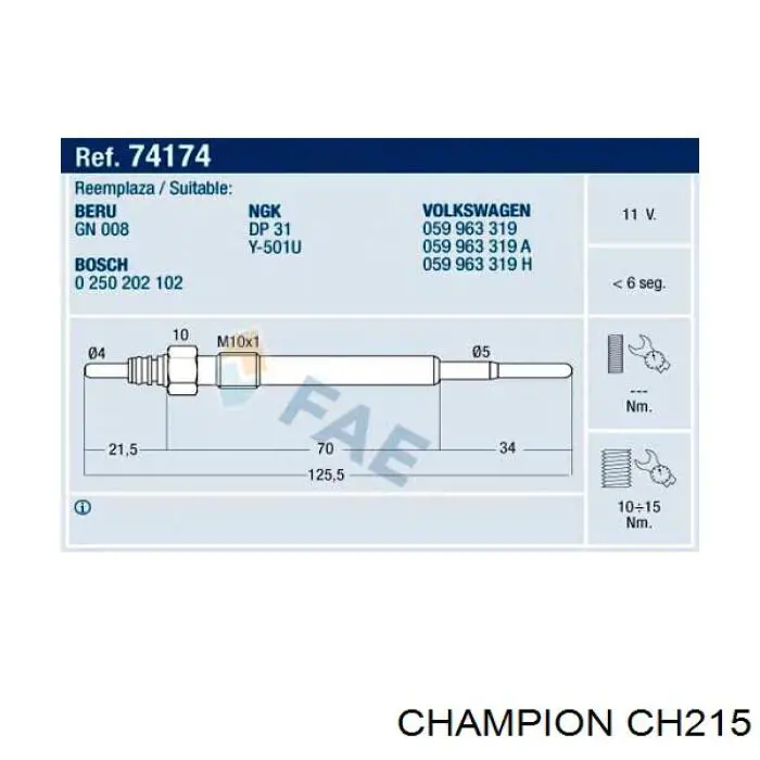 Bujía de precalentamiento CH215 Champion