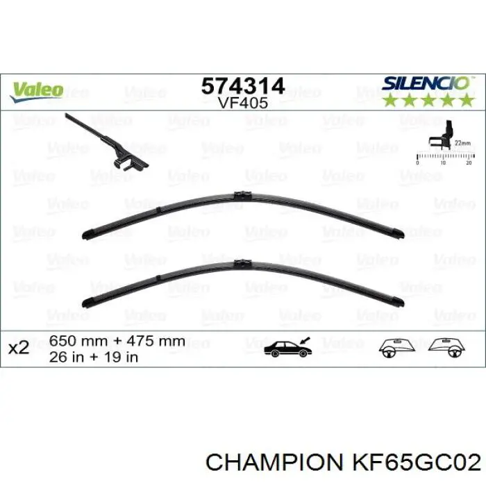KF65GC02 Champion juego de limpiaparabrisas de luna delantera, 2 piezas