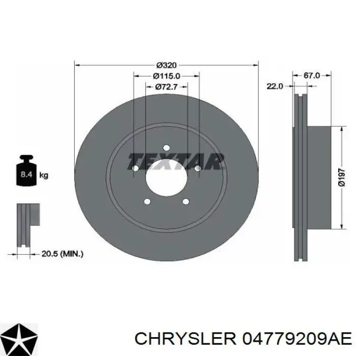 Disco de freno trasero CHRYSLER 04779209AE