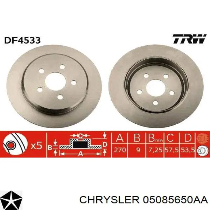 05085650AA Chrysler disco de freno trasero