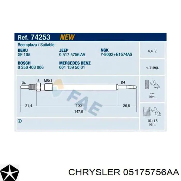 Bujía de precalentamiento 05175756AA Chrysler