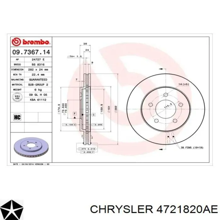 Comprar 4721820AE Chrysler Freno de disco delantero