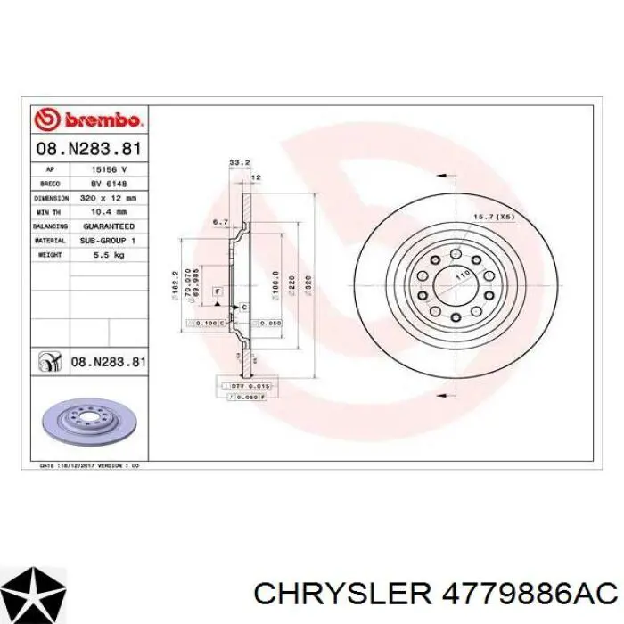 Disco de freno trasero Chrysler 4779886AC precio, desde 72,59 EUR