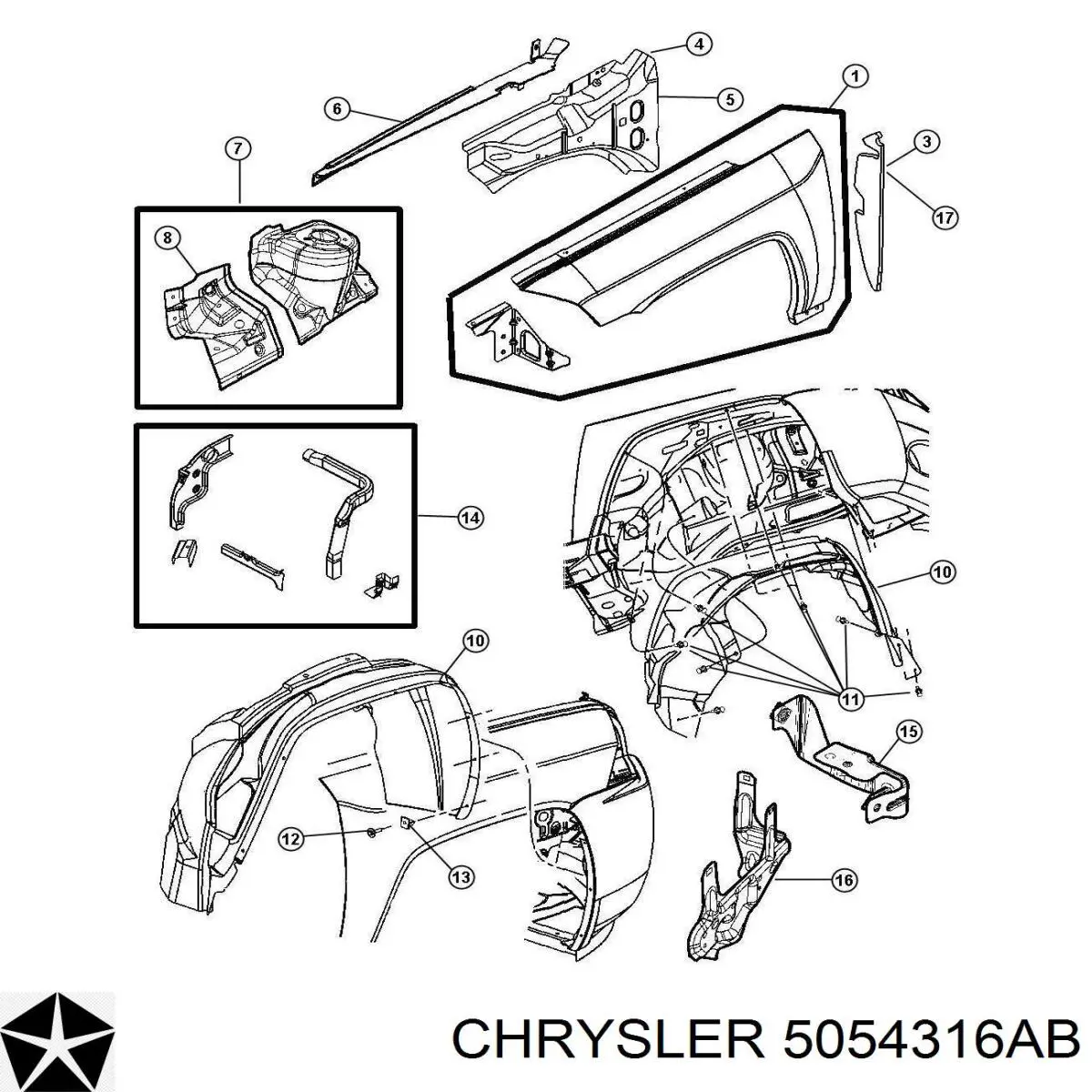 5054316AB Chrysler guardabarros delantero derecho