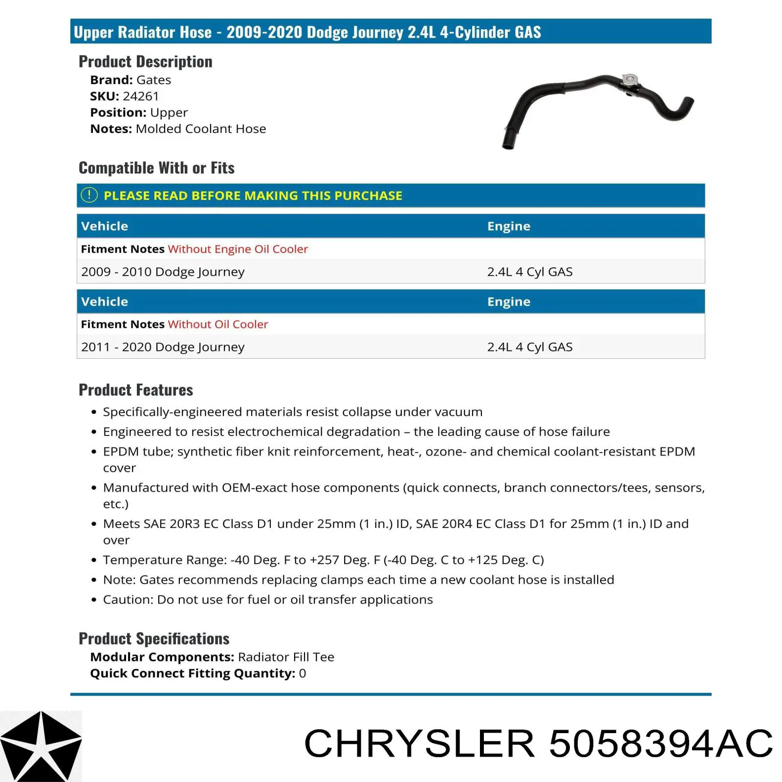 Manguera superior del radiador 5058394AC Chrysler
