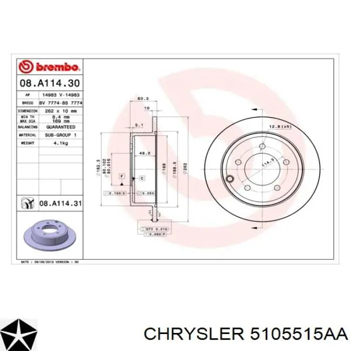 5105515AA Chrysler disco de freno trasero