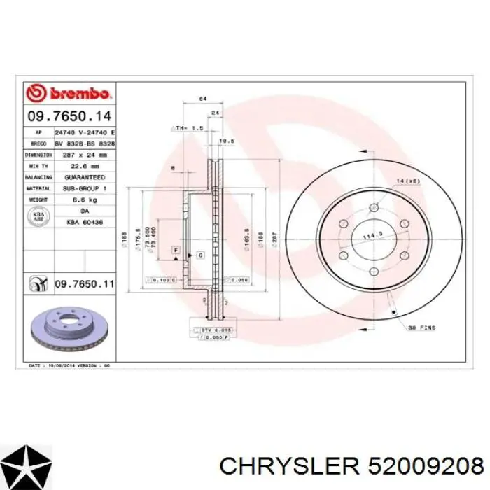 52009208 Chrysler freno de disco delantero