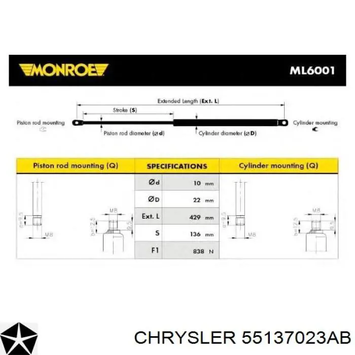 55137023AB Chrysler amortiguador de maletero