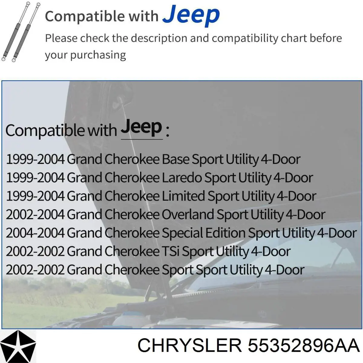 Muelle neumático, capó de motor derecho para Jeep Grand Cherokee 