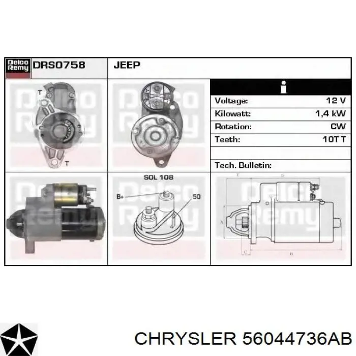 56044736AB Chrysler motor de arranque