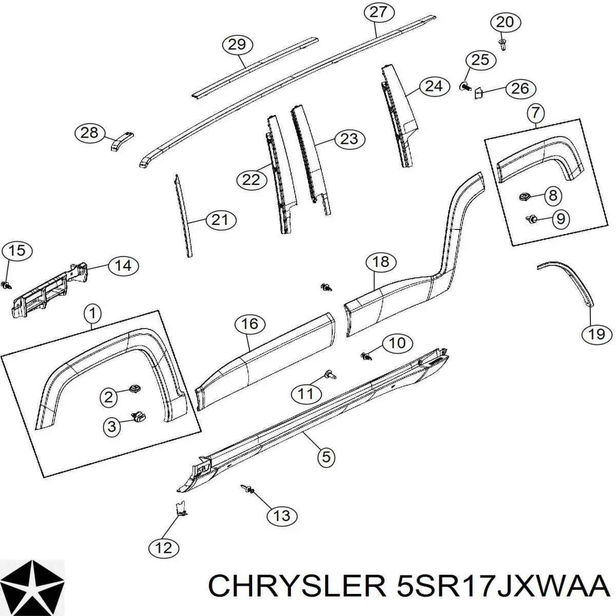 5SR17JXWAA Chrysler clip, tubuladura de sujeción, alféizar de la puerta